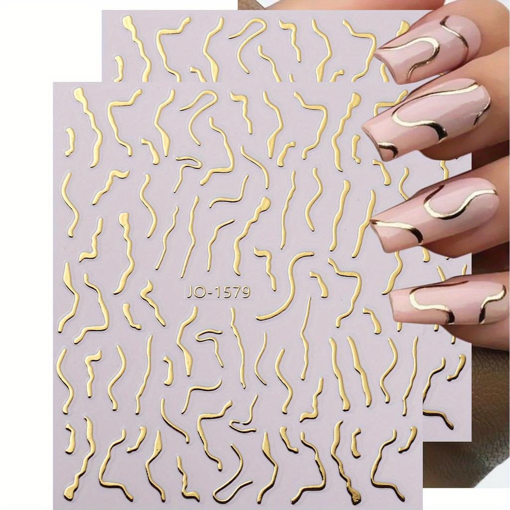 Nail Art Stickers 3D Golden Metallic Nail Art Decals Sliders For Nails Paper Abstract Geometric Lines