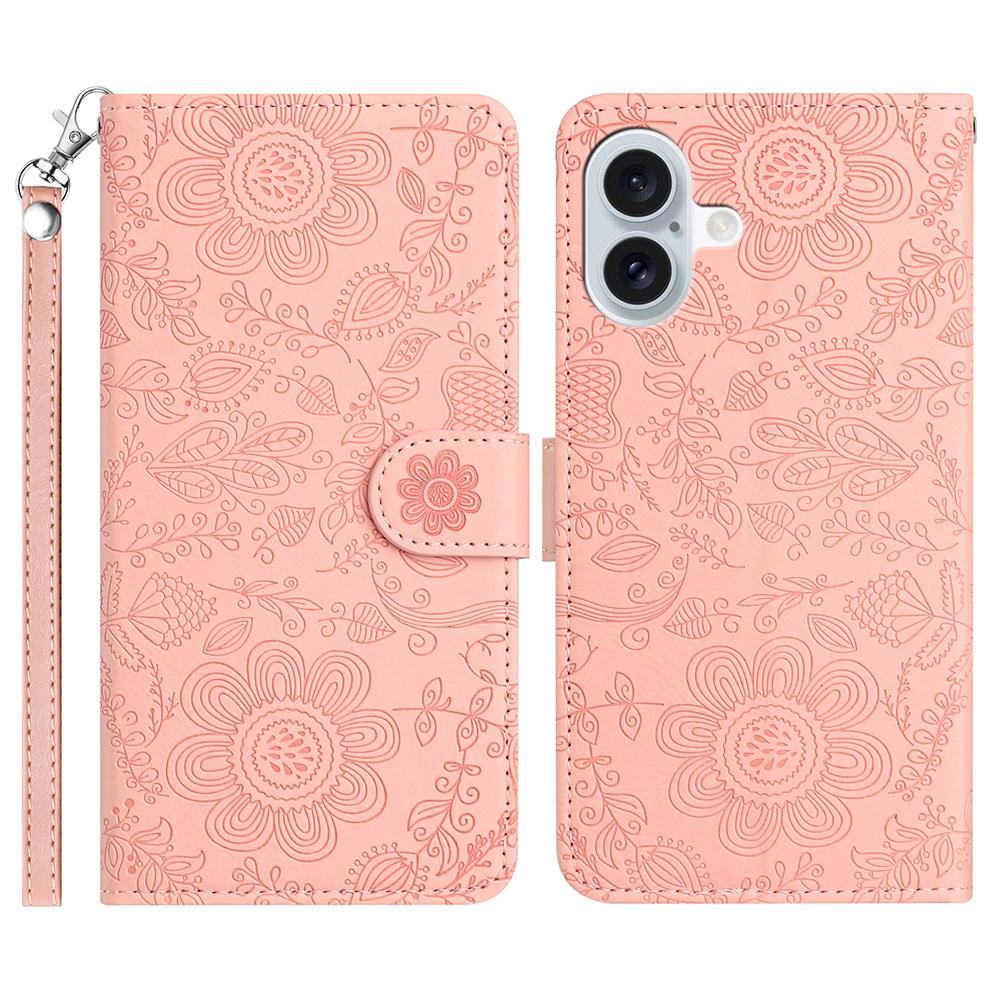 For iPhone 17 Case Flower Imprint Leather Flip Wallet Phone Cover with Wrist Strap