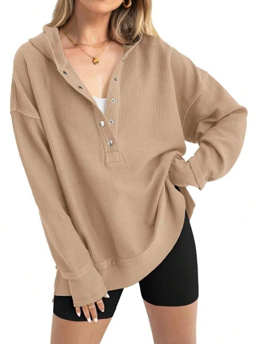 

Ribbed Knit Button Front Hooded Long Sleeve Top XXL хакі
