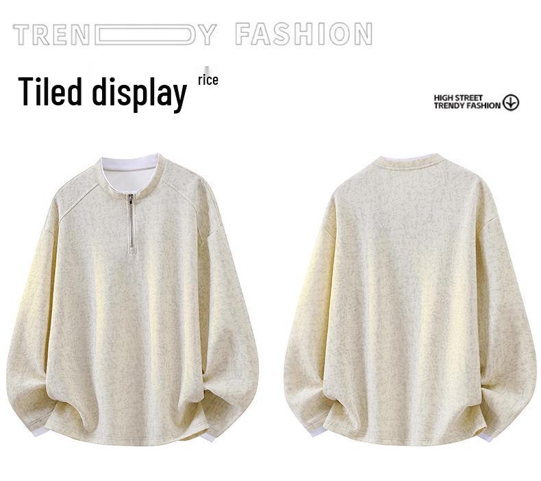 2025 Autumn/Winter Men's Trendy Heavyweight Round Neck Hoodie Pullover, Zippered Fake Two-Piece Long Sleeve Shirt