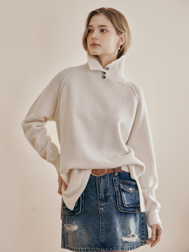 MAXZA Button-Up Collar Loose Fit Turtleneck Knit