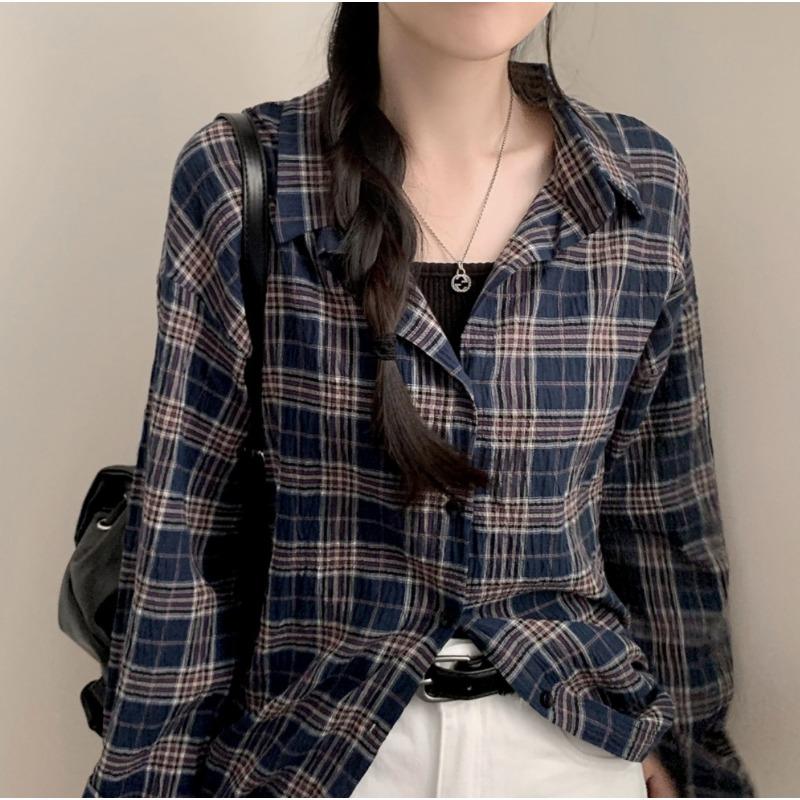 Korean Version Versatile Checkered Loose Shirt for Women Autumn Retro Long Sleeved Shirt Top