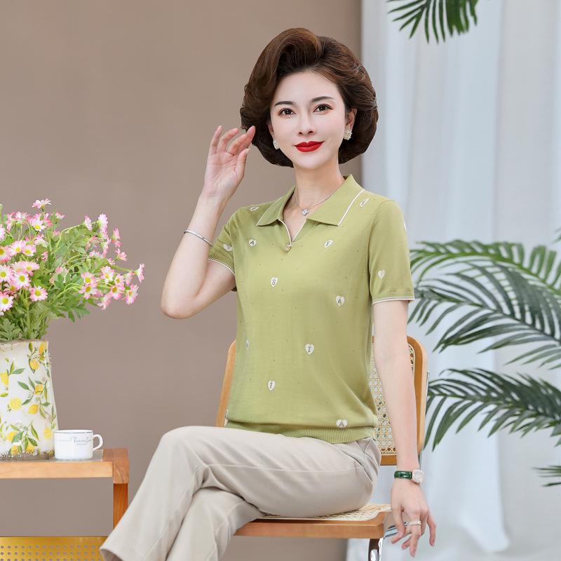 

Summer Silk Lapel Knitwear: Light Luxury Style Ice Silk Plus-Size T-Shirt for Mothers and Seniors 2XL (recommended 110-120 jin) зелений
