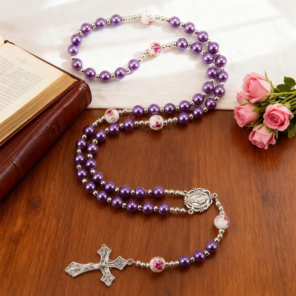 Vintage Religious Jewelry Handmade Catholic Virgin Mary Rosary Ceramics Glass Beads Rosario Women Necklace