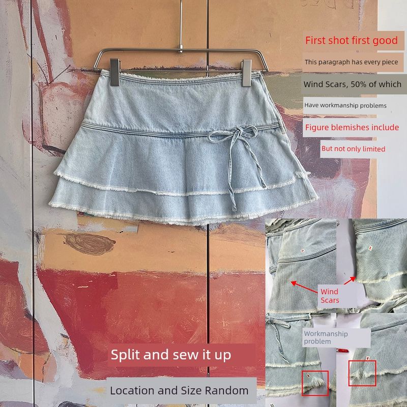 

Foreign Trade Original Order GLA * Ssons American Style Frayed Patchwork A Word Denim Skirt Bow Gyaru Skirt 1488 Light blue(Read the map) 16