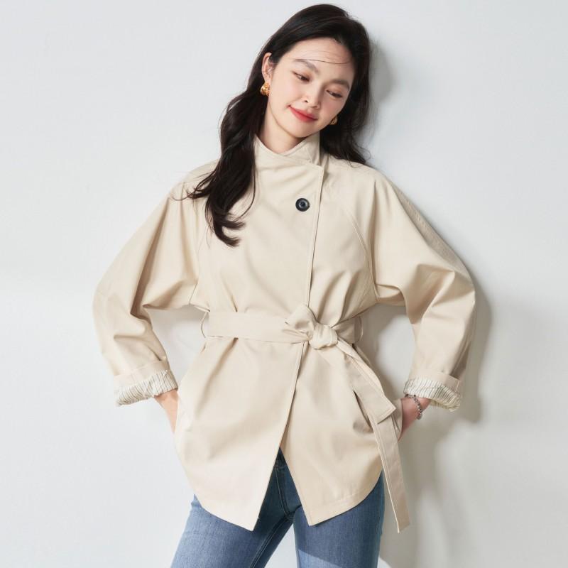 Womens Minimalist Stand Collar Long Trench Coat Loose Fit Casual Commuter Outerwear In Beige Khaki