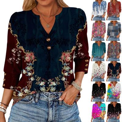 Women's Retro Printed Loose 7,inch Sleeve Top