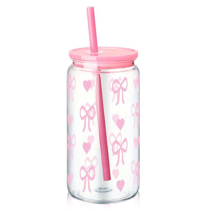 16oz Cute Bow Plastic Cup with Lid Bow Cherry Graffiti Pattern Water Bottle for Kitchen Coffee Straw Cups Beverage Juice Cups
