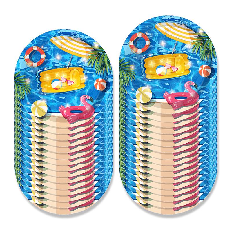Hawaiian Summer Pool Swimming Circle Theme Disposable Tableware 2025 Birthday Anniversary Celebration Decoration Party Supplies