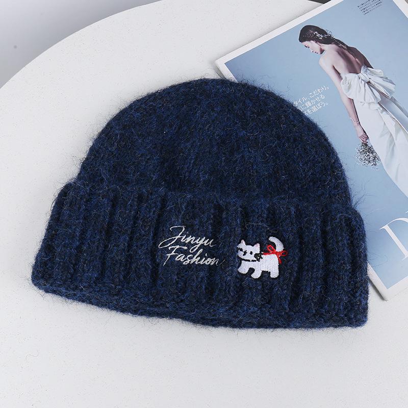Source new cat letter embroidery knitted wool hat women's autumn and winter flanged warm cold hat stack hat