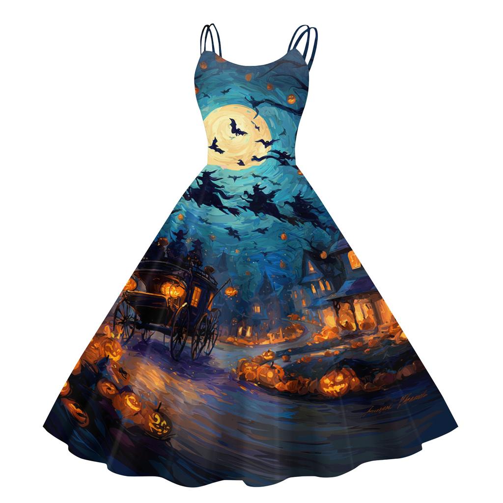 Women's Halloween Print Off Shoulder Vintage Punk Dress Sleeveless Spaghetti Strap Midi Dress with Full Skirt for Costume Party