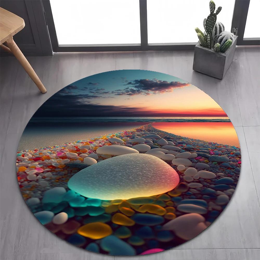 2025 New Style Colorful Pebble Rainbow Road Beach Stone Round Carpet Rug for Bedroom Living Room Decoration,pet Decor Floor Mat