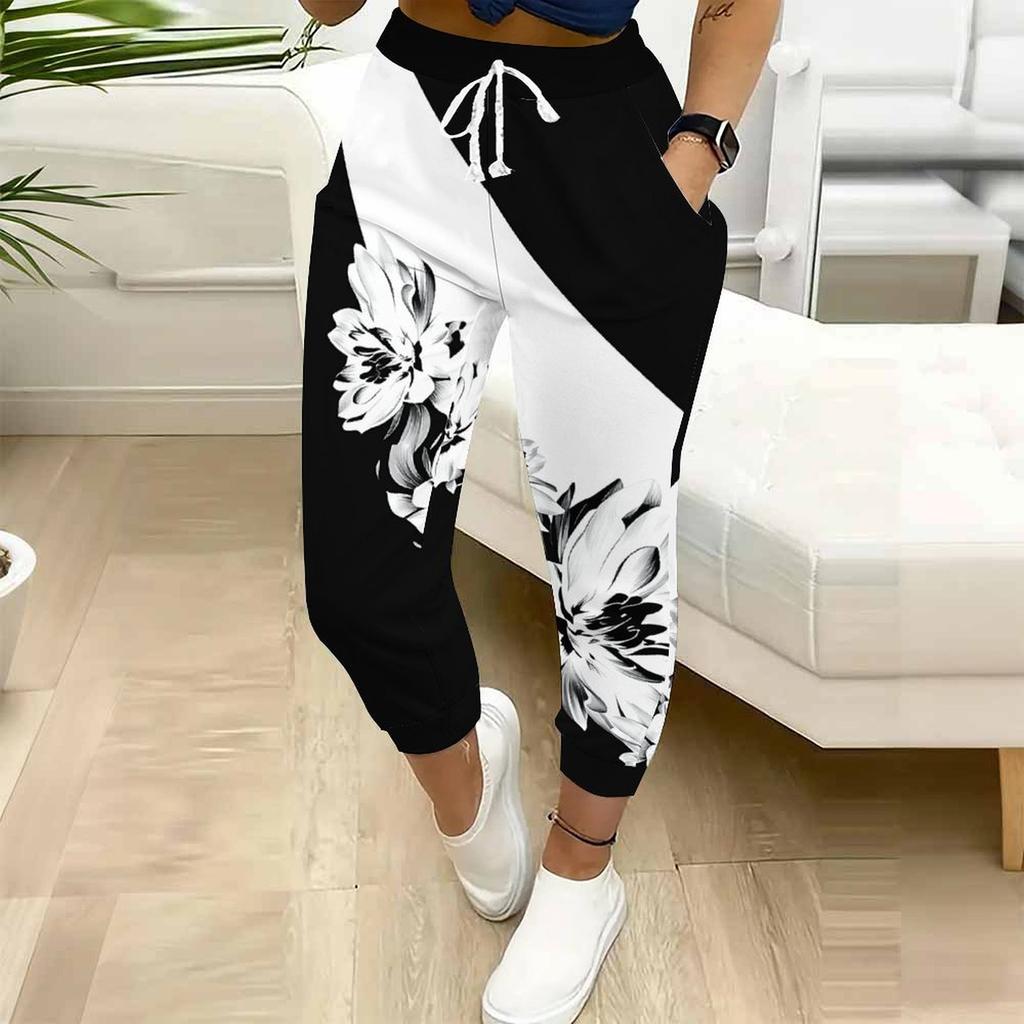 Summer Ladies Color-blocking Printed Sweatpants Loose Fit Drawstring Joggers Elastic Cuff Daily Casual Pants