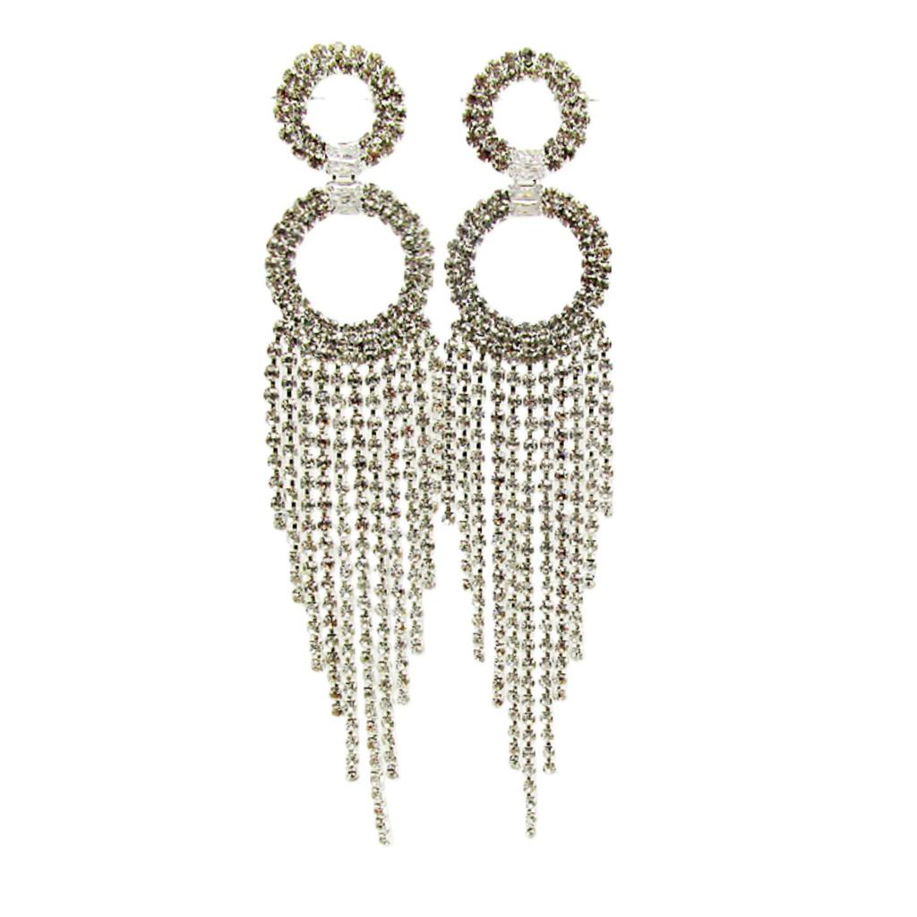 Exaggerated Trendy Long Tassel Rhinestone Circle Dangle Earrings with Micro-Pavé, Cross-Border Fashion High-End Design.
