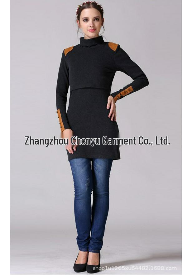 Warm High Neck Slim Fit Nursing Maternity Top with Integrated Bra for Autumn/Winter