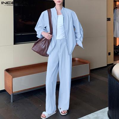 Two Piece Suit Men Stand Neck Long Sleeve Shirts Trousers Casual Sets