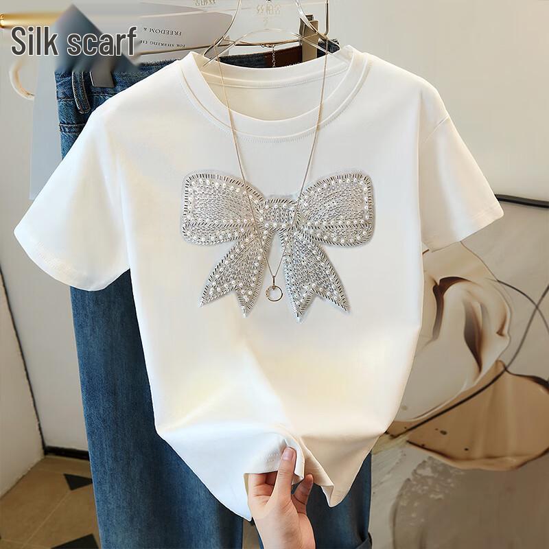 Sibaishe 2026 Summer Women s Bow Round Neck Short Sleeve T-Shirt XL