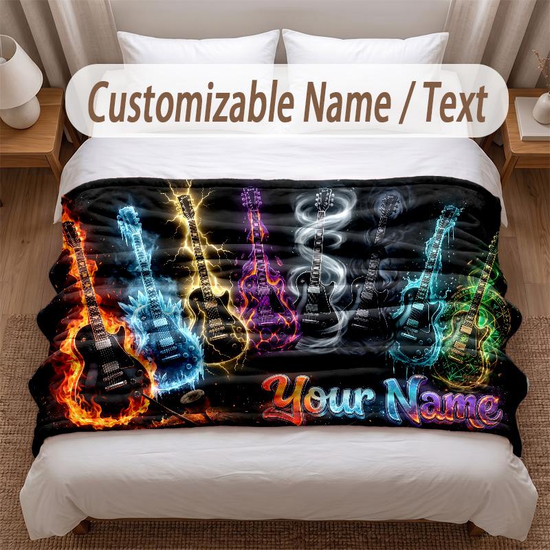 Music Guitar Theme Soft Blanket Personalized Custom Name Text Print Warm Blanket Home Sofa Bedroom Decor