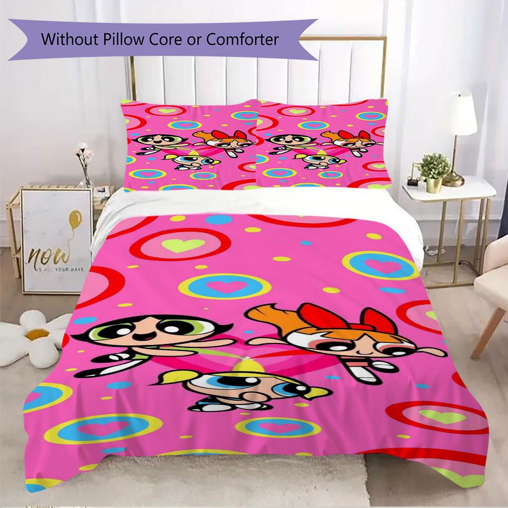 Cartoon Powerpuff Girls print children's duvet cover set, soft and skin-friendly, available in multiple sizes, bedroom bedding.