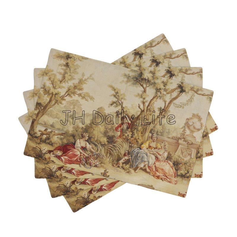 French Toile De Jouy Placemats Sets of 4 Waterproof Heat Resistant Linen Table Mats for Home Party Dining Table Decor 12x18 Inch