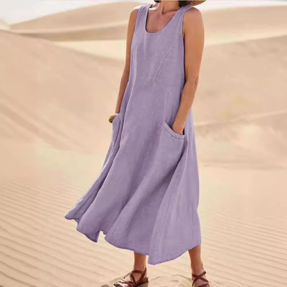 Ärmelloses Baumwoll-Leinenkleid mit Taschen für Sommer 2025 - Damen Europäischer & Amerikanischer Rundhalsausschnitt