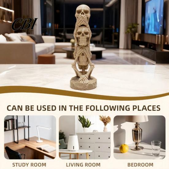 Durable Skull Sculpture 3D Printed Stacking Figurine, Gothic No Speak Hear See Halloween Figurine Statue, Party Horror Decoration for Home Office