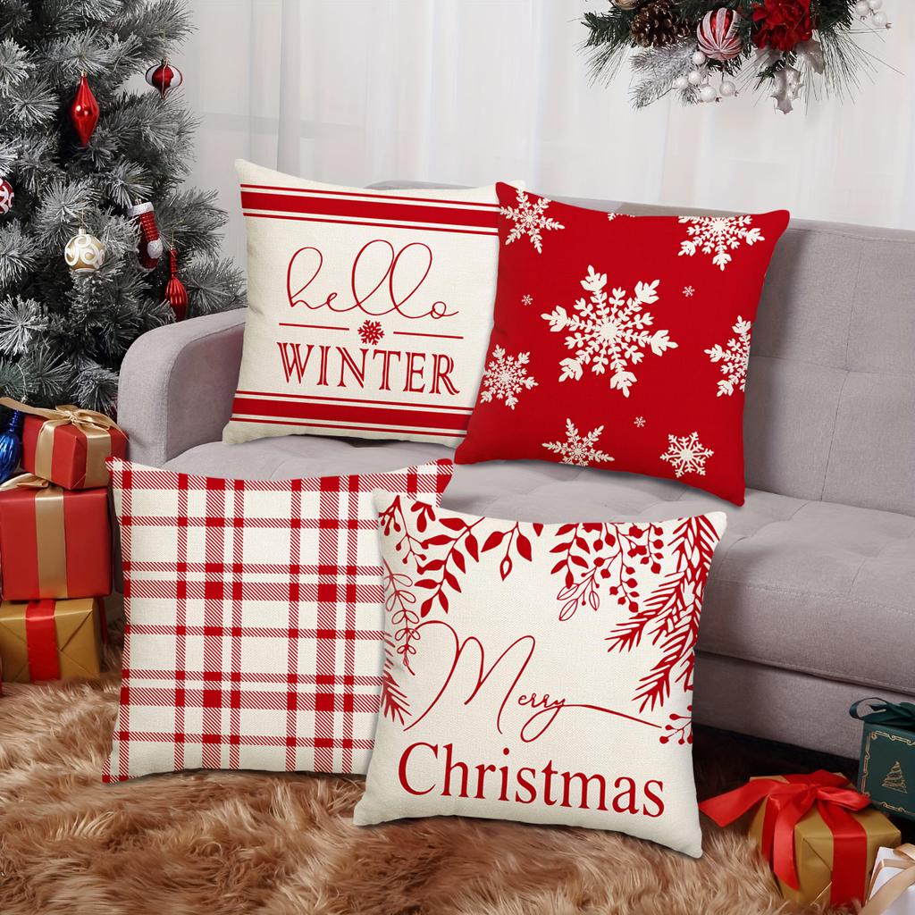 1Pc/4Pcs Christmas Pillow Cover, Merry Christmas Hello Winter Vacation Sofa Cushion Cover Decoration Living Room Cushion Cover