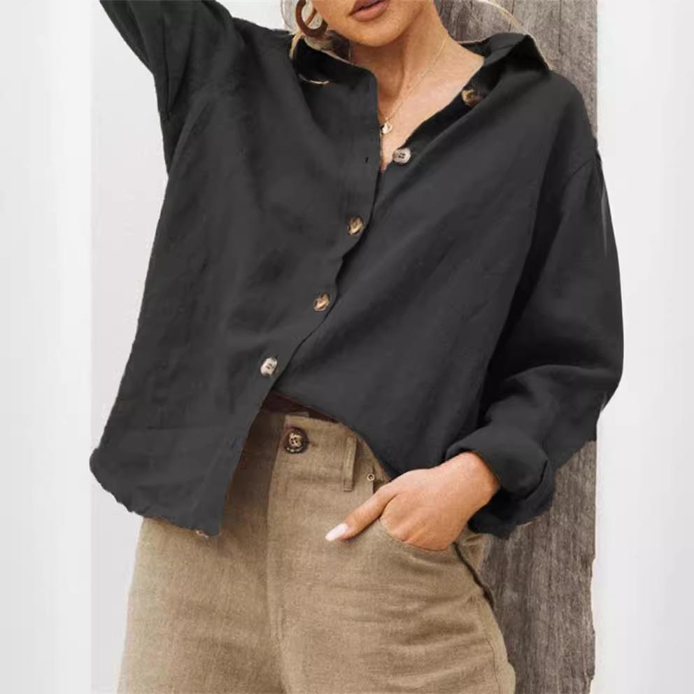 Women's Spring Summer Cotton Linen Blouse Casual Loose Lapel Long Sleeve Button Down Shirt