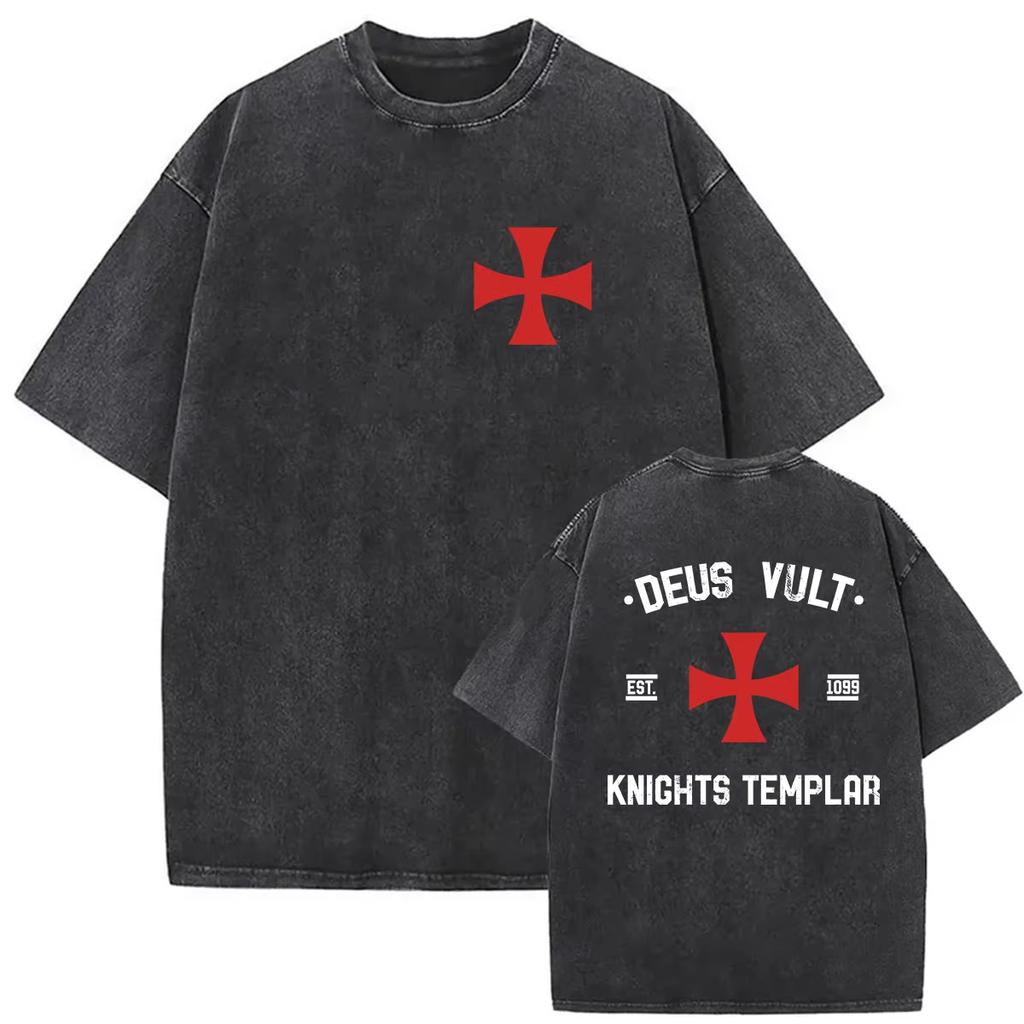 Knights Templar Graphic Tshirt Vintage Washed Gothic Streetwear Medieval Unisex Oversized Crew Neck Cotton Short Sleeve Tee Top