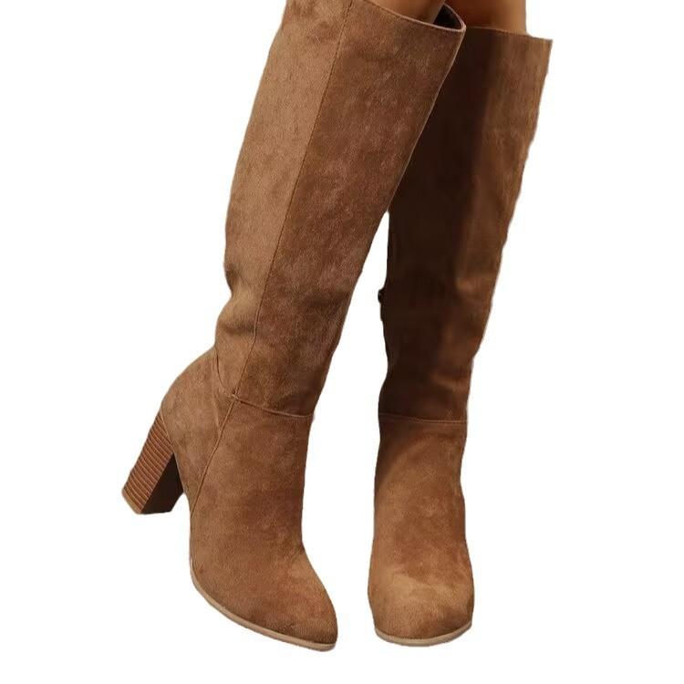 Large Size Coarse Heel Suede Tall Knight Boots Women's But Knee Round Heel High Heel Pointed Boots