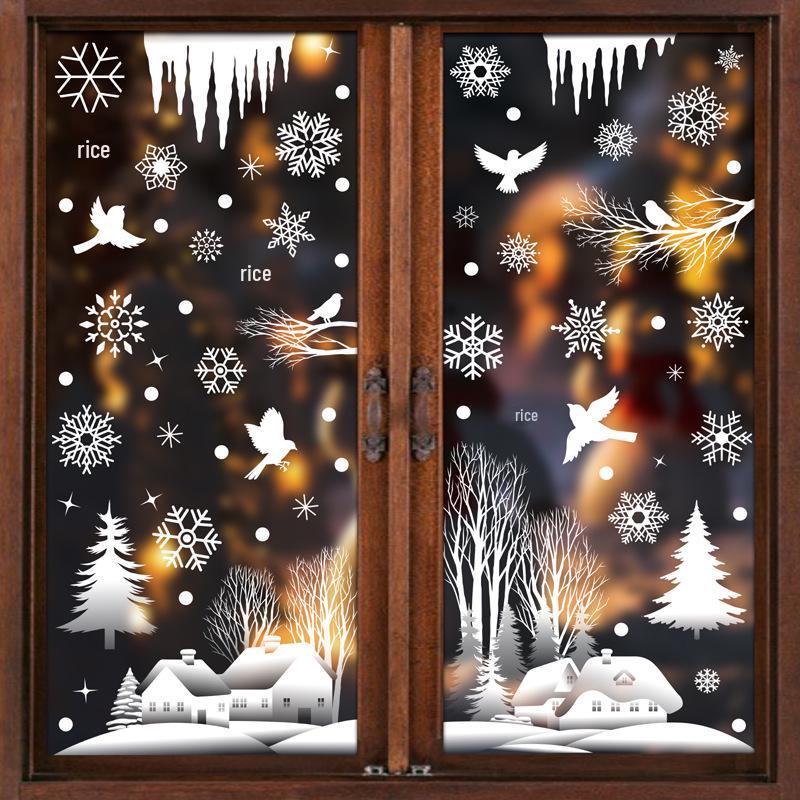 Snowflake Scene Christmas Window Stickers: Holiday Atmosphere Glass Decor