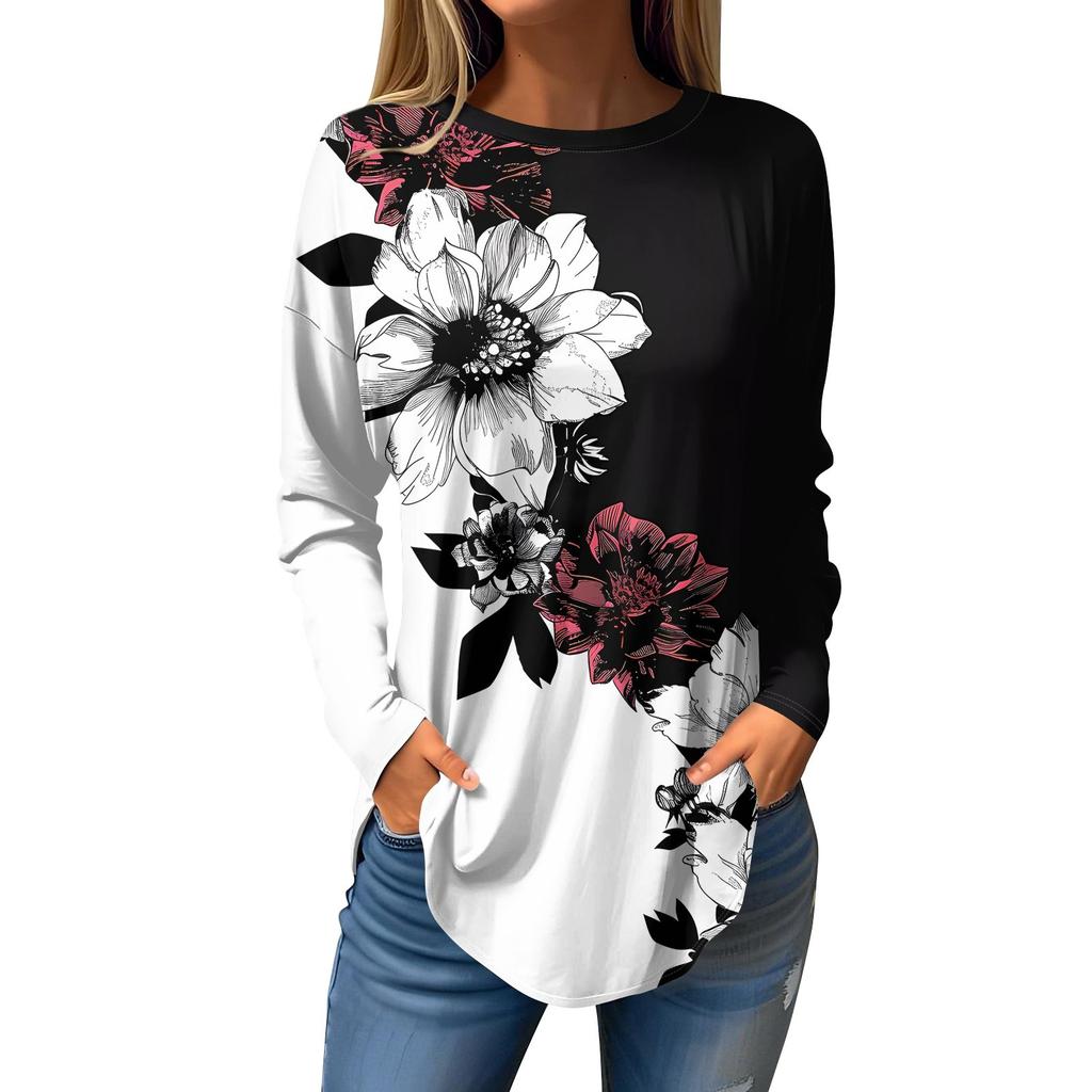 Dames Losse Ronde Hals Print Lange Mouw T-shirt Top Pullover