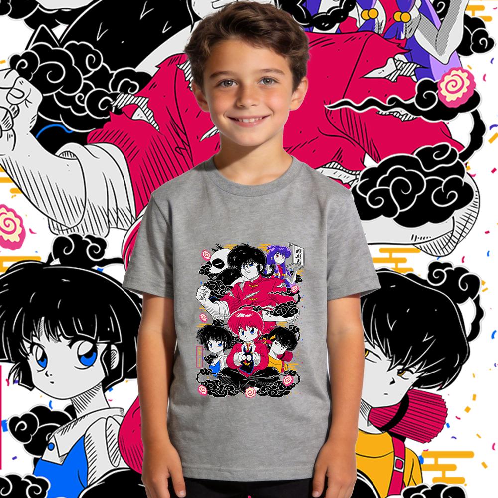 Boys Girls Short Sleeve T Shirt Ranma Characters Anime Print Cotton Top Kids Casual Wear Breathable Soft Summer