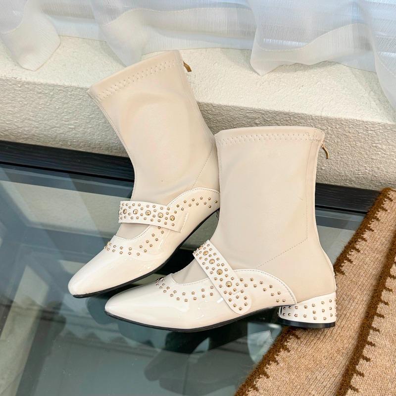 Back zipper rivet square toe thick heel short boots for women 2025 autumn/Winter new French style gentle stretch fashion boots