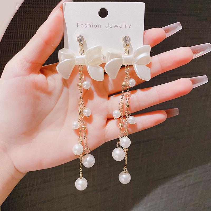 French bow tassel long earrings women's high sense exquisite stud earrings celebrity temperament versatile earrings tide