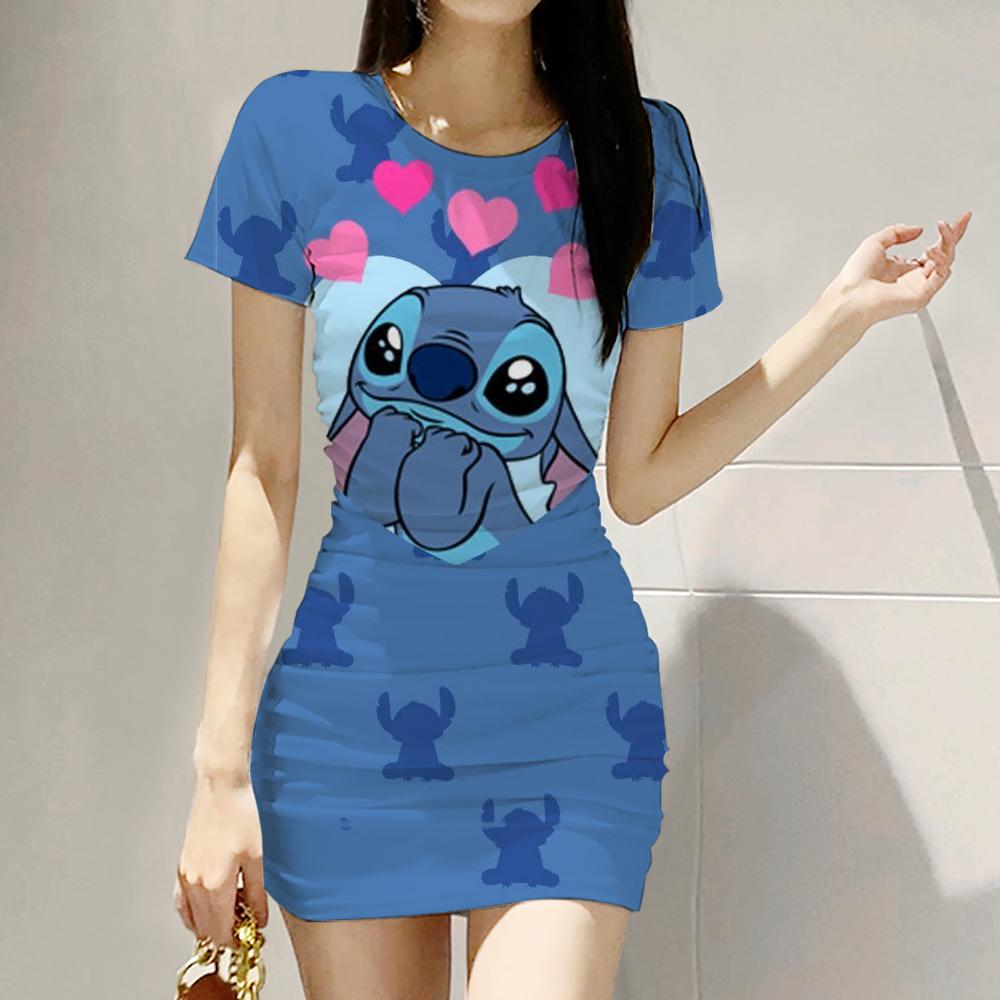 2026 Summer Disney Stitch 3D Cartoon Printed Girl Dress Short Sleeve Women's/Adult Parent-Child Dress Kawaii Beach Party Dress