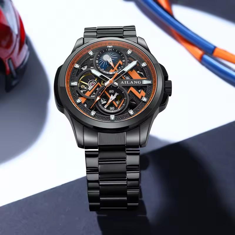 AILANG Multifunctional MenMechanical Watch Hollow Tourbillon Automatic Wristwatch Waterproof Luminous Bracelet Moon Phase Dial