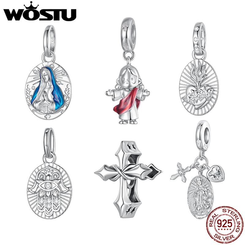 WOSTU 925 Sterling Silver Jesus Virgin Mary Pendant Charm The Hand of Fatima Bead Fit Bracelet Necklace DIY Prayer Family Gift