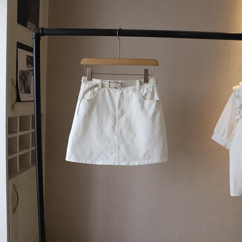 

2025 Summer Korean High Waist A-line Anti-Exposure Bodycon Skirt with Belt Small білий