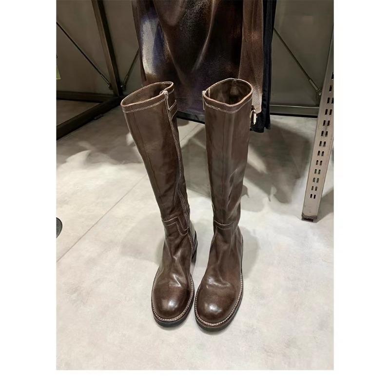 

Washed cowhide~ genuine leather black retro boots versatile and thin thick heel knight boots women s boots tall boots 35