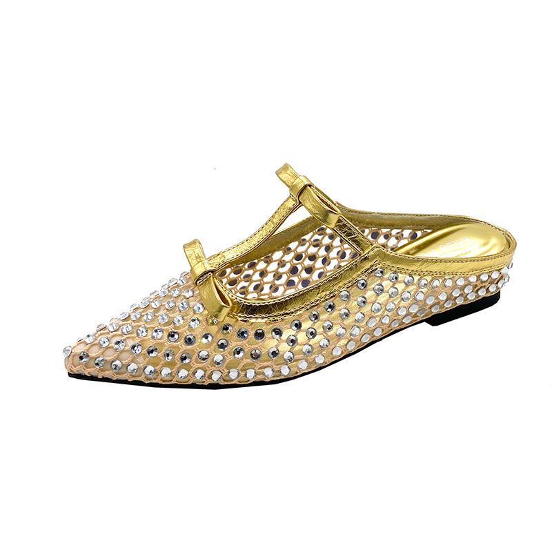 

2025 Новые ретро туфли-лодочки с острым носком, металлической пряжкой и стразами на низком каблуке, полушлепанцы, женские повседневные дизайнерские уличные модные сандалии 40 золотой