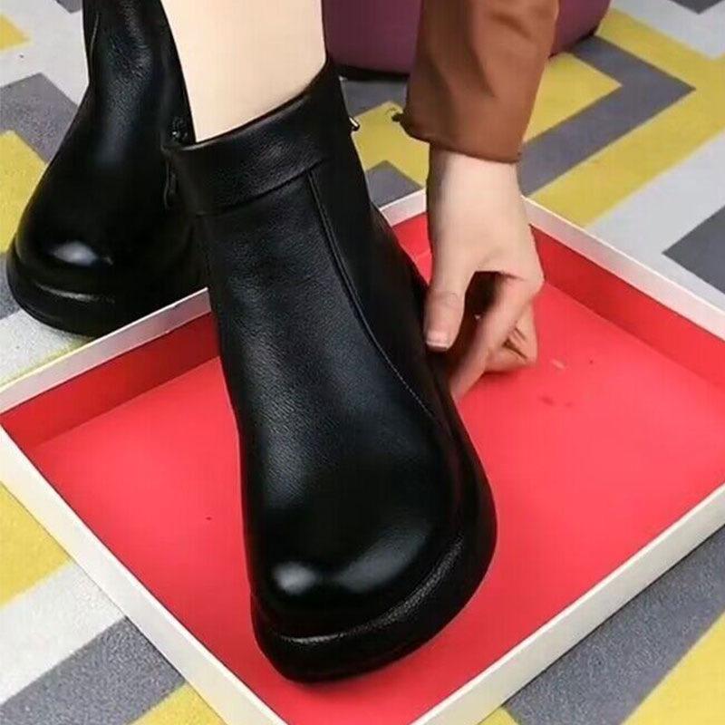 Low-heeled Muffin-soled Boots for Women's 2 Autumn and Winter New Soft Leather Fashion Boots, Winter Velvet Soft-soled Women's Shoes Are Comfortable