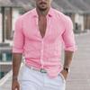Men's Cotton and Linen Lapel Beach Summer Holiday Long Sleeved Shirt Solid Color