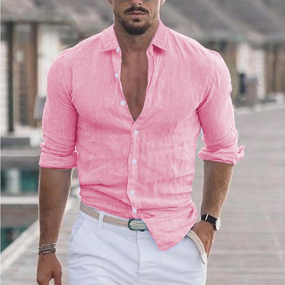 Men's Cotton and Linen Lapel Beach Summer Holiday Long Sleeved Shirt Solid Color