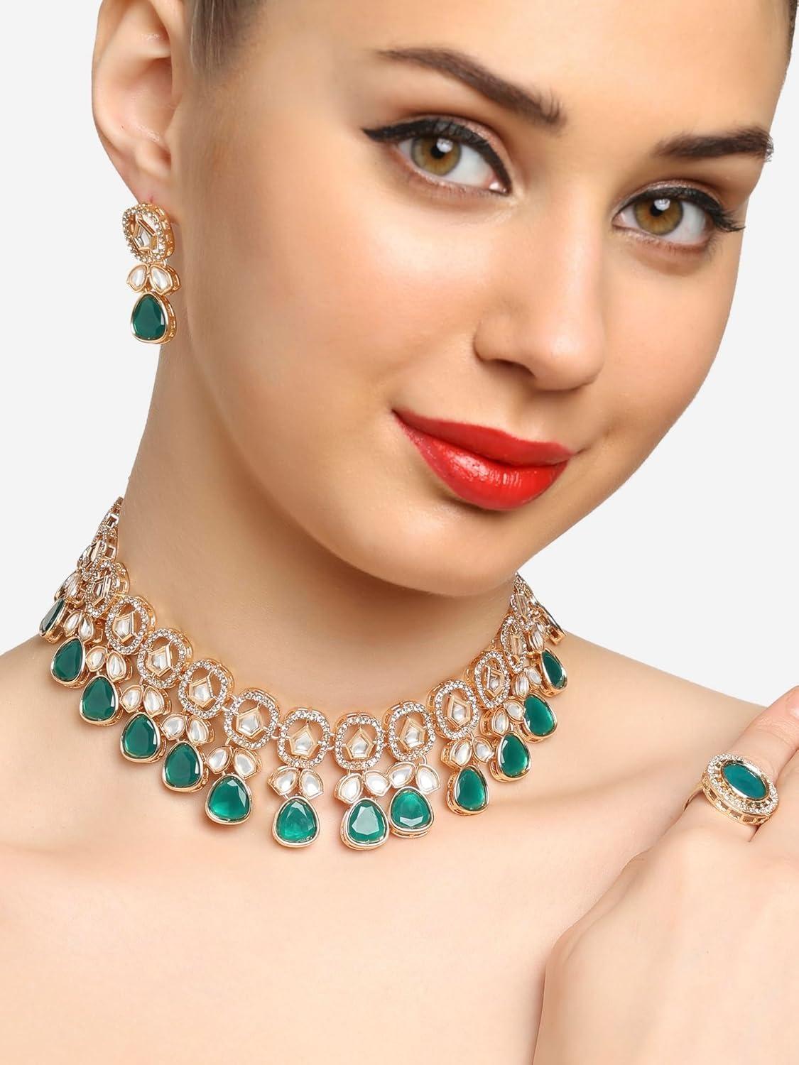 

Комплект ожерелья, серег и кольца с зелеными камнями кундан и австрийскими бриллиантами для женщин Omesize зелёный