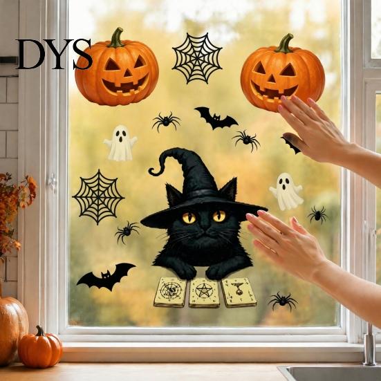 Halloween Glass Stickers Cute Black Cat Window Clings, Pumpkin Ghost Bat Spider Easy Apply Clings Decals, Non-Adhesive for Door Party Holiday
