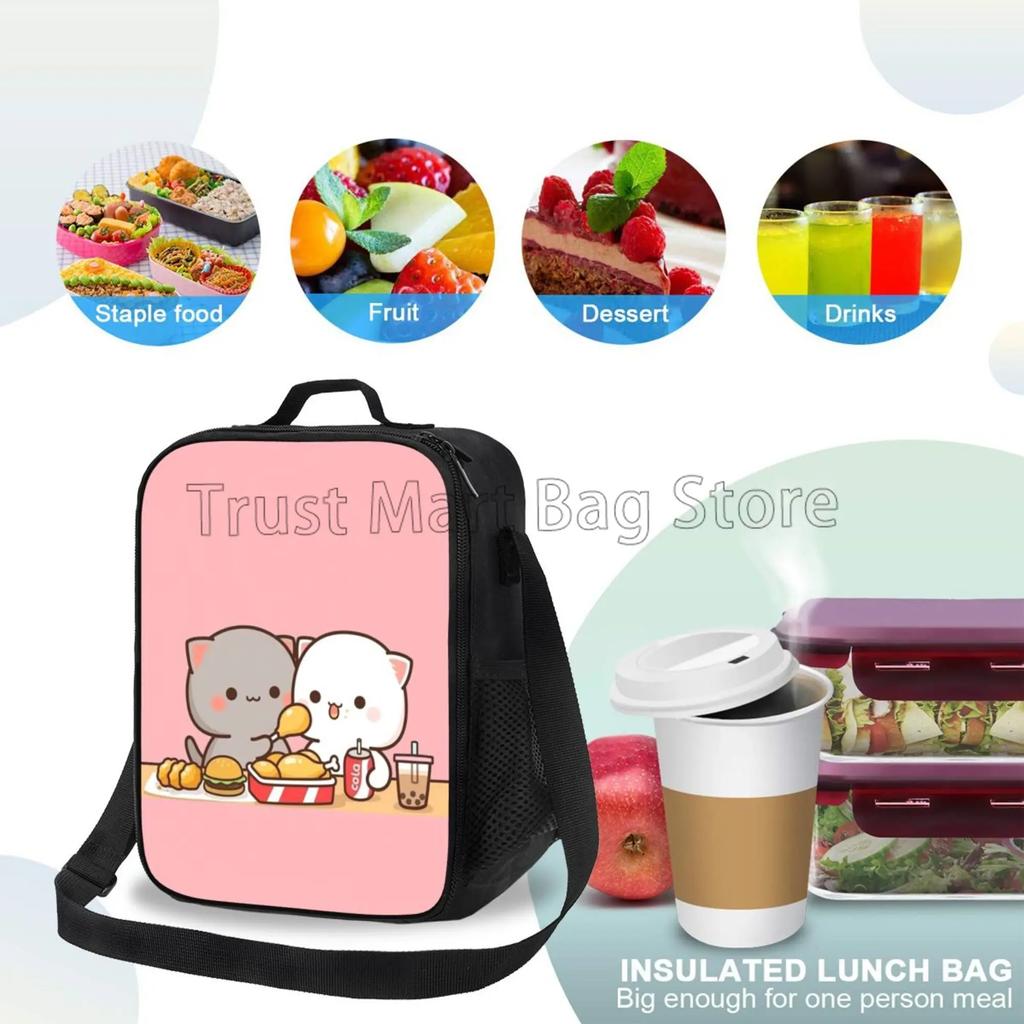 Cartoon Peach and Goma Mochi Cat Insulated Lunch Bag Resuable Leakproof Cooler Thermal Bento Bag with Adjustable Shoulder Strap