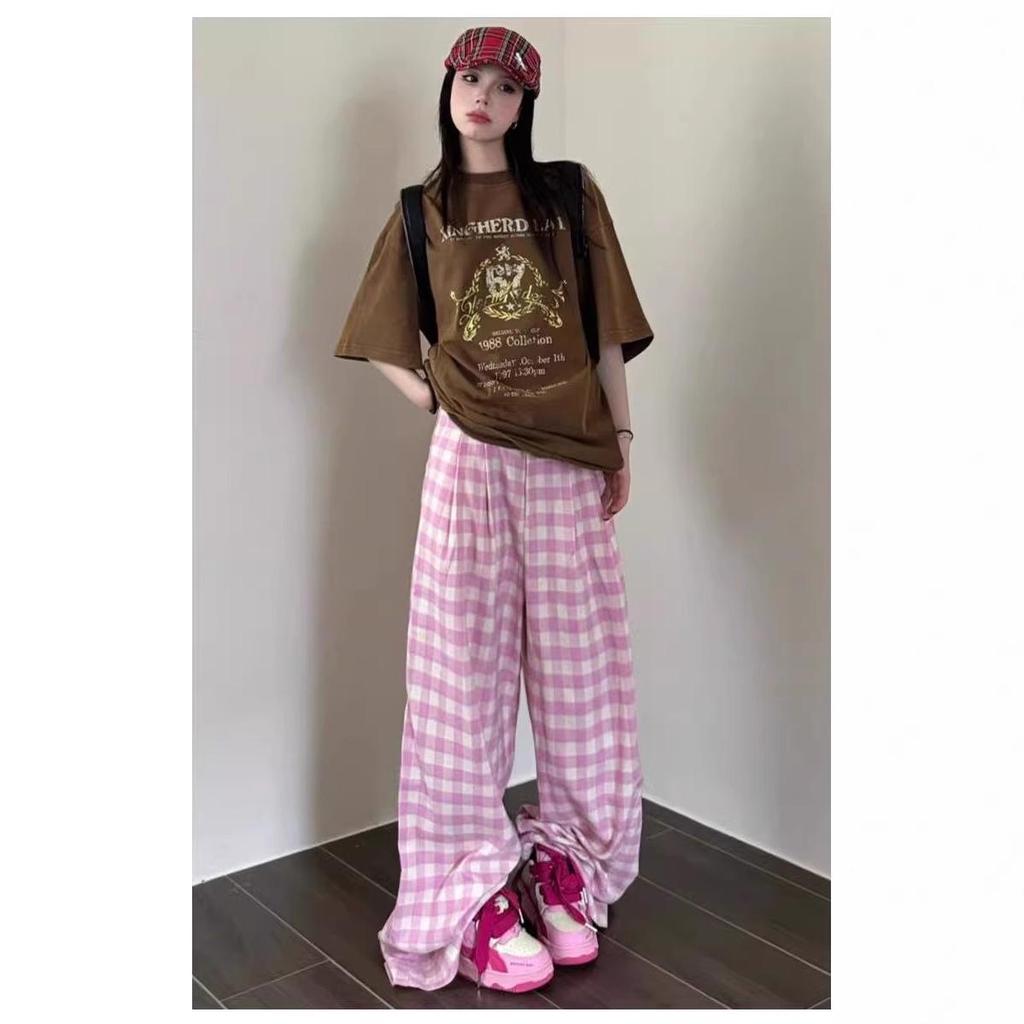 Women's Blue Plaid High-Waisted Loose-Fit Yamamoto Pants - Petite, Casual Wide-Leg, Spring/Autumn 2025 Collection.