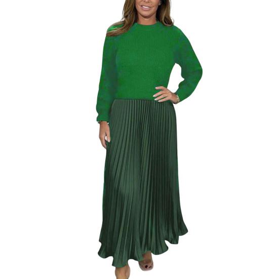 

Осенне-зимнее женское платье, имитация двухсекционного трикотажного свитера, плиссированная юбка, лоскутное платье с длинными рукавами и круглым вырезом, А-силуэт, макси-платье 3XL зелёный