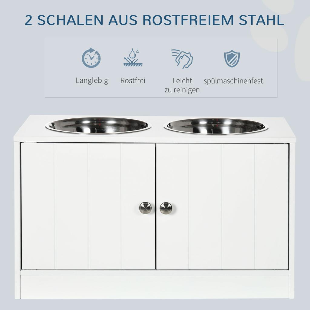 Raised Pet Feeder, with Two Bowls, Storage - White